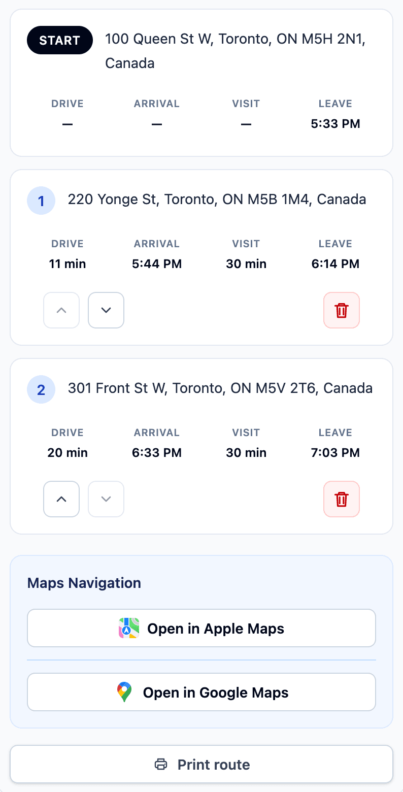 Example Show Route plan with optimized property stops, map navigation links, and a print action
